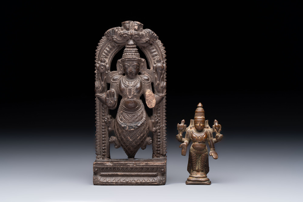 A Indian soapstone figure of Vishnu and a small bronze figure of Vishnu, 18/19th C.