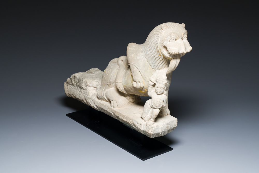 A sandstone group of a prince chasing a lion, India, probably Chandela period, 11th C.