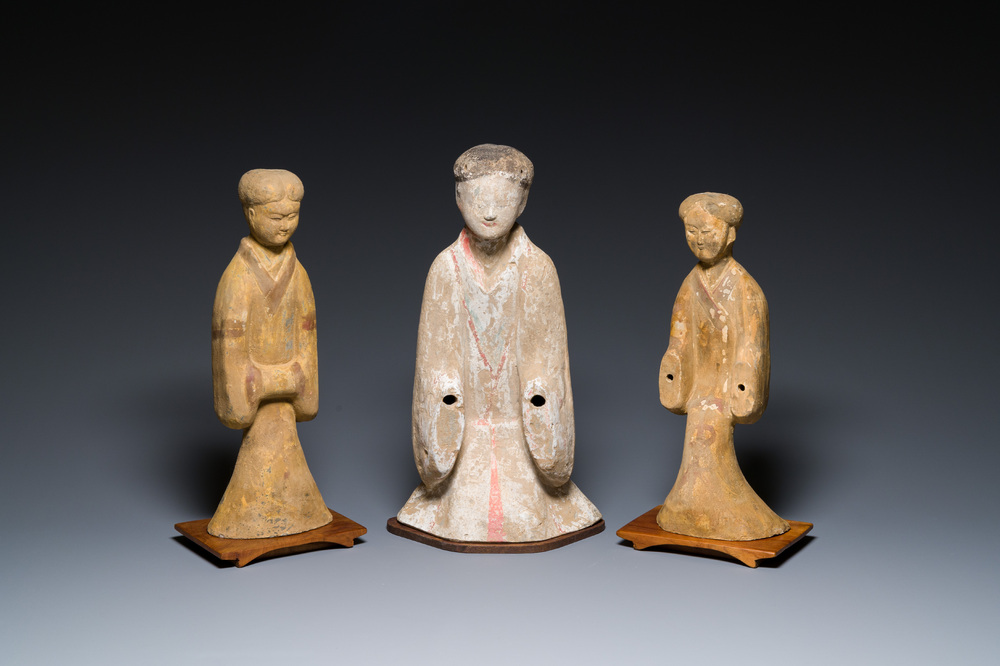 Three Chinese cold painted pottery figures of ladies, Han