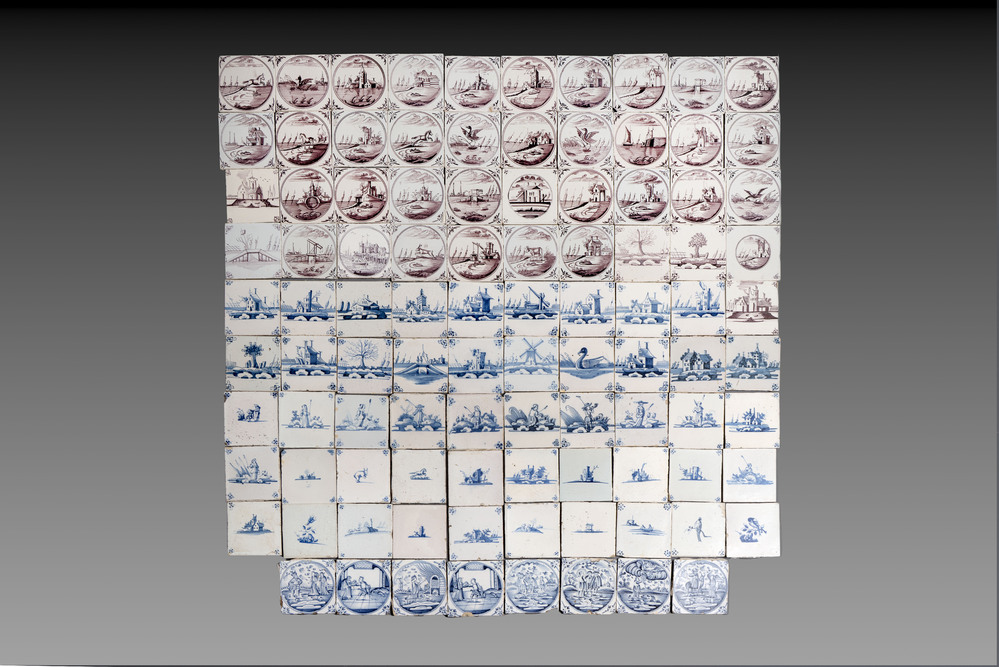 98 manganese, blue and white Dutch Delft tiles, 18th C.