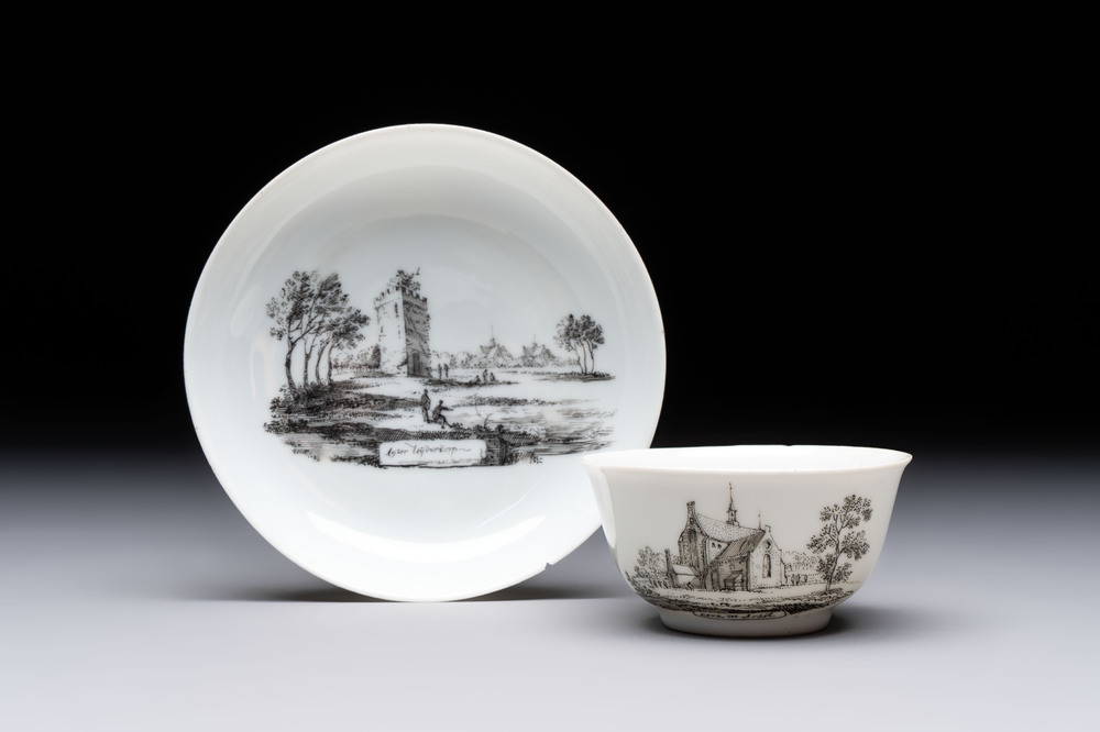 A Chinese grisaille 'Leiderdorp, Arkel and Leerdam' cup and saucer, Qianlong