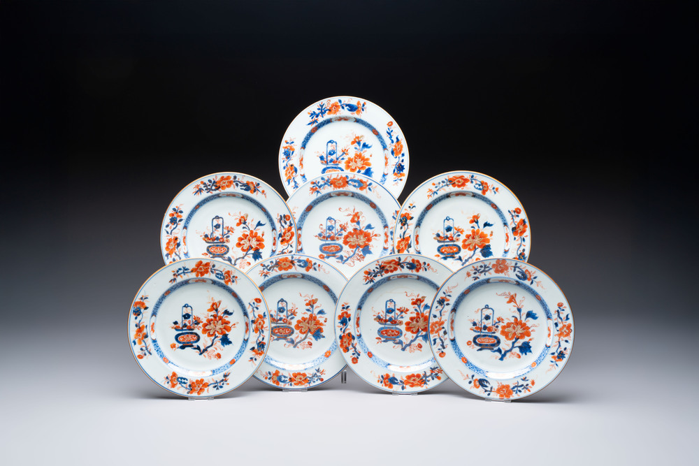 Eight Chinese Imari-style 'flower basket' plates, Yongzheng