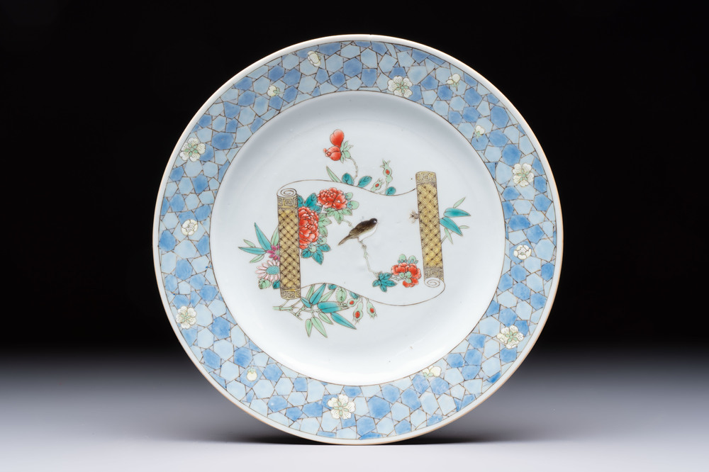 A Chinese famille rose ruby-back plate with a bird on a blossoming branch, Yongzheng