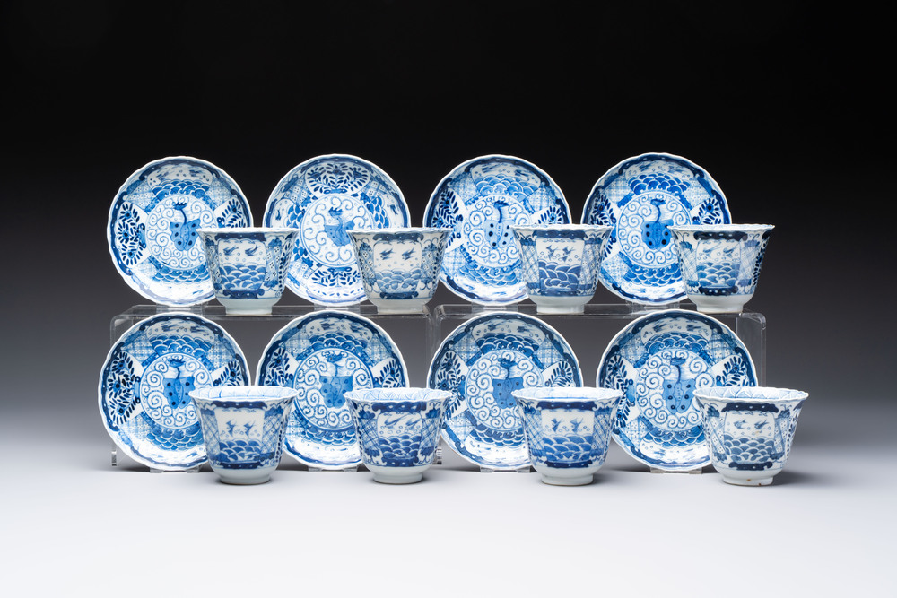 Eight Chinese blue and white cups and saucers, Kangxi mark, 19th C.