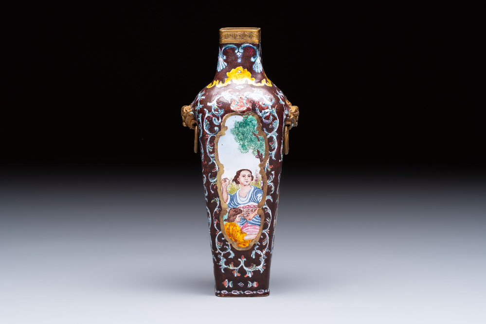 A square Chinese Canton enamel 'European subject' vase, Qianlong mark and probably of the period