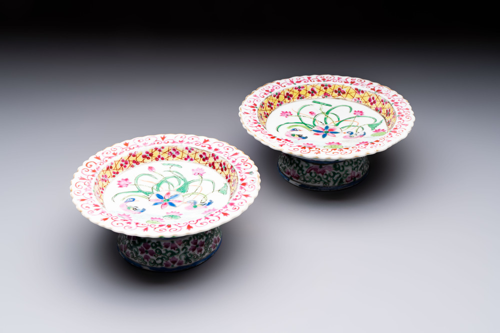 A pair of Chinese famille rose 'mandarin ducks in a lotus pond' Bencharong  tazzas for the Thai market, 19th C.