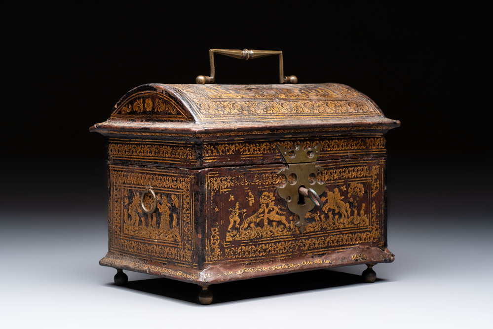 A Flemish gilt-tooled leather casket with hunting scenes, probably Antwerp, early 17th C.