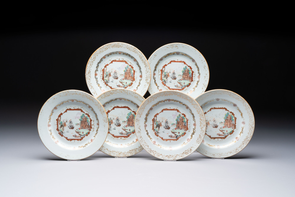 A set of six Chinese Meissen-style export plates with a harbour scene, Qianlong