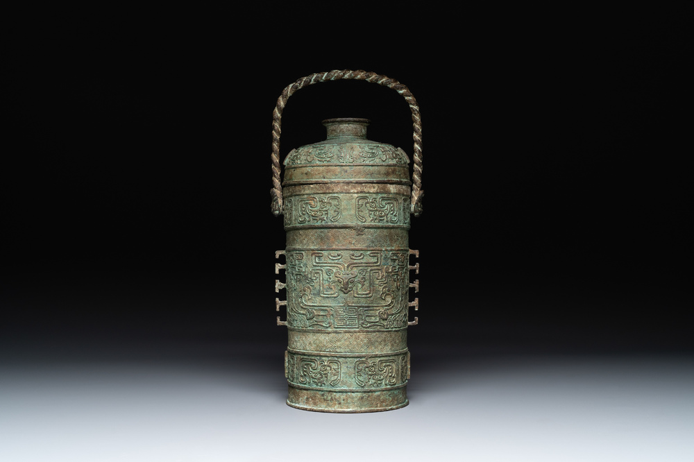 A large Chinese archaistic bronze wine vessel, 'you 卣', Ming