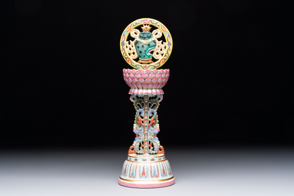 A rare Chinese famille rose Buddhist emblem altar ornament, Qianlong mark and of the period