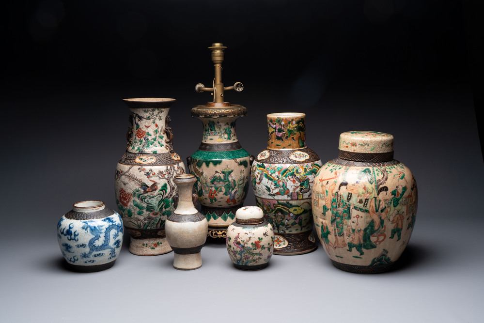Five Chinese Nanking famille verte, rose, blue and white vases and two jars, 19th C.