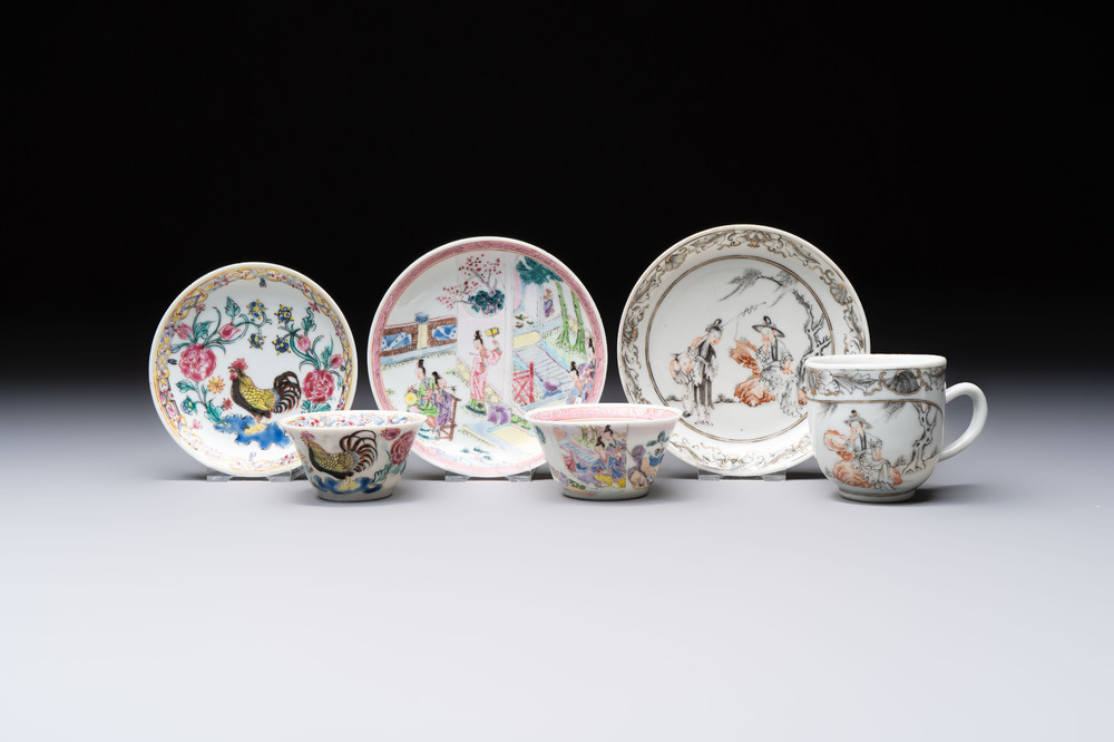 Three Chinese famille rose and grisaille cups and saucers, Qianlong