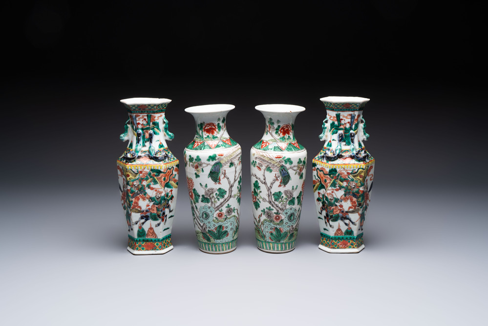 A pair of Chinese famille verte 'warriors' vases and a pair of 'birds among blossoming branches' vases, 19th C.