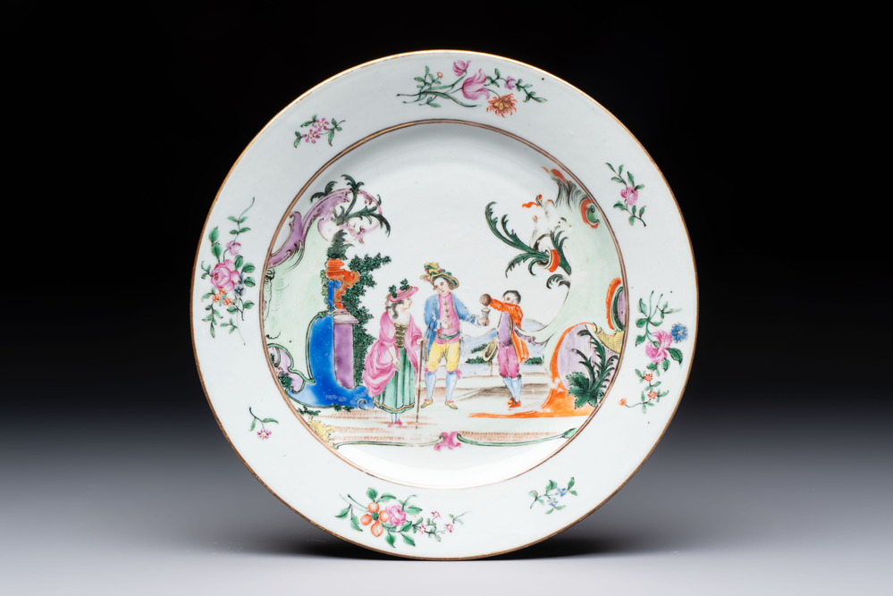 A Chinese famille rose 'European subject' plate, Qianlong, ca. 1760