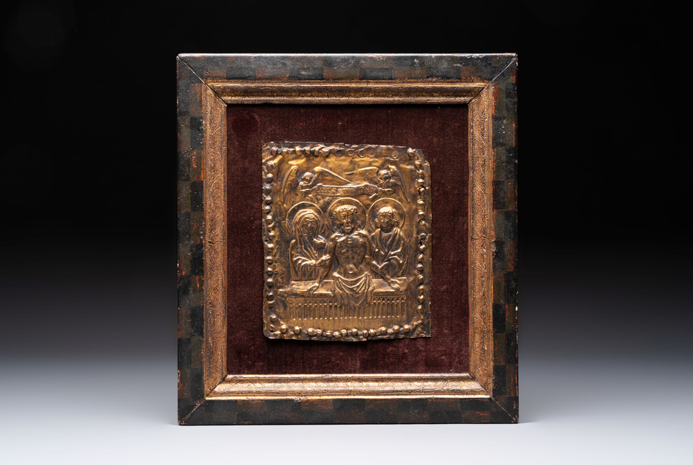 A gilt-copper 'Resurrection' plaque with a banner inscribed 'Ecce Agnus Dei', probably Germany, 15/16th C.