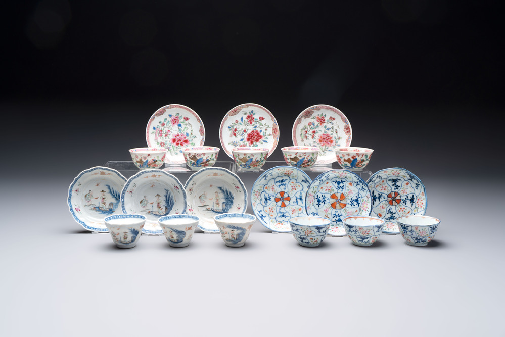 Eleven Chinese famille rose cups and nine saucers, Yongzheng/Qianlong