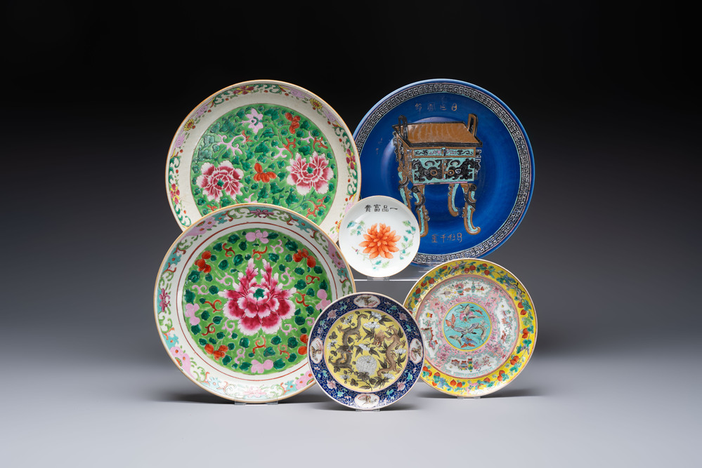 Three Chinese famille rose dishes, two plates and a saucer, various marks, 19th C.