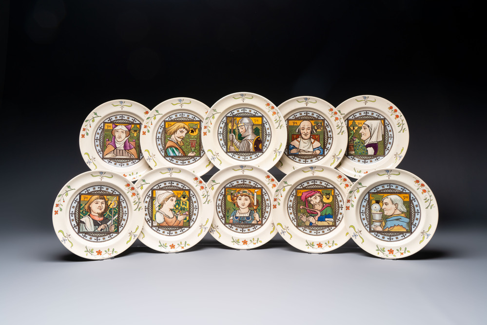 A set of ten English Arts and Crafts plates, Henry Stacy Marks for Minton, ca. 1878