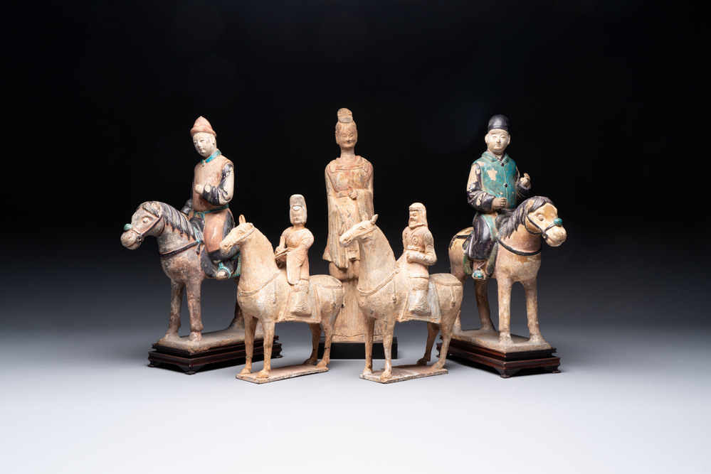 Five Chinese polychrome pottery figures, Sui/Tang/Ming