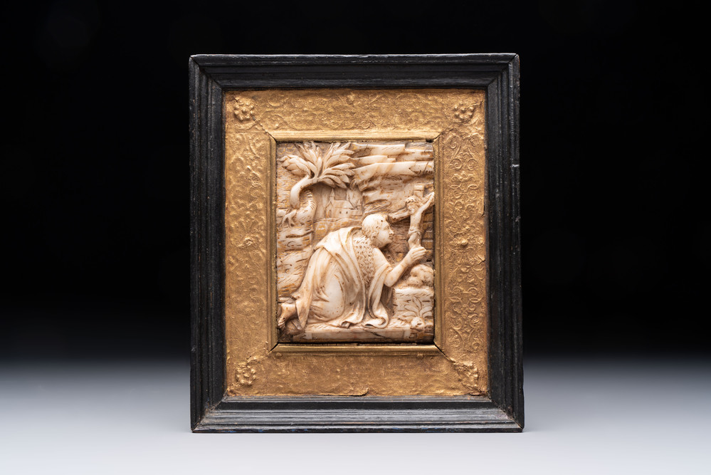 A Malines alabaster carving with Mary Magdalene, illegibly signed, ca. 1600