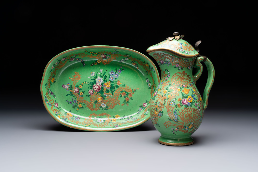 A gilt and enamelled green-ground Asurelik ewer and stand for the Ottoman market, 19th C.