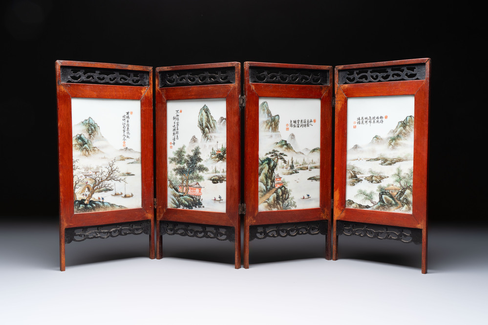 A Chinese four-fold wooden table screen with qianjian cai plaques, 20th C.