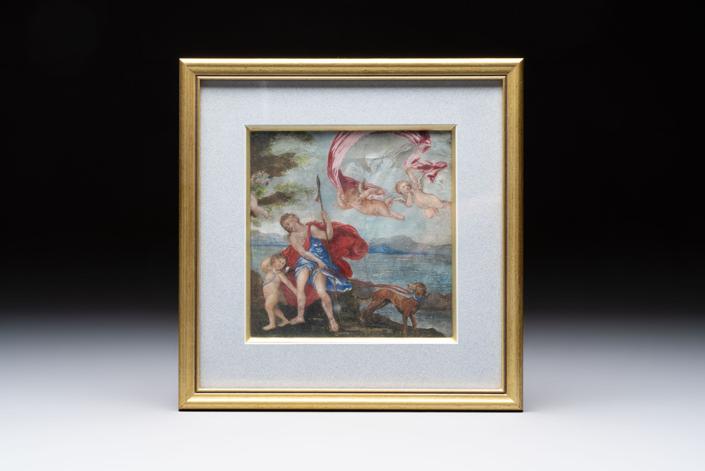 European school: 'Adonis led by Cupids to Venus', gouache on vellum, 17/18th C.