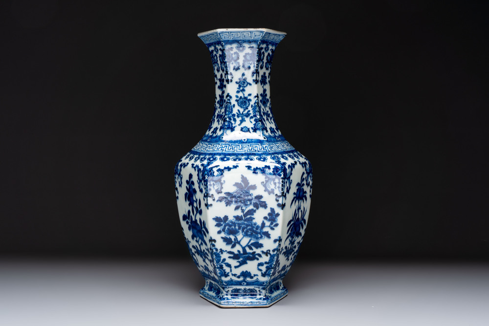 A Chinese blue and white hexagonal vase with floral design, Qianlong mark and of the period