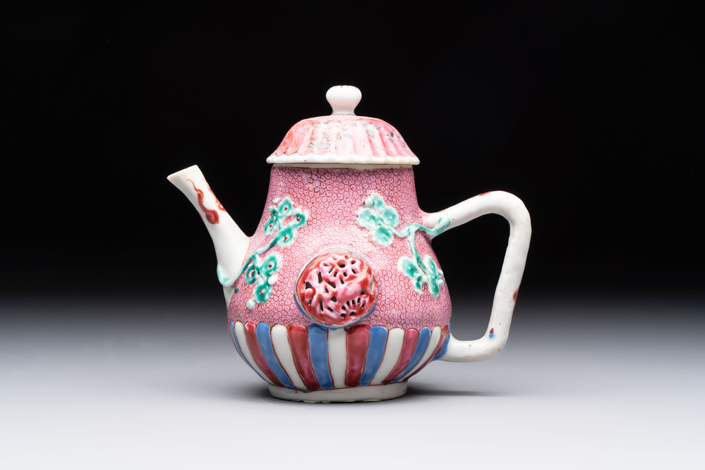 A Chinese famille rose frogspawn-ground relief-molded teapot and cover, Yongzheng