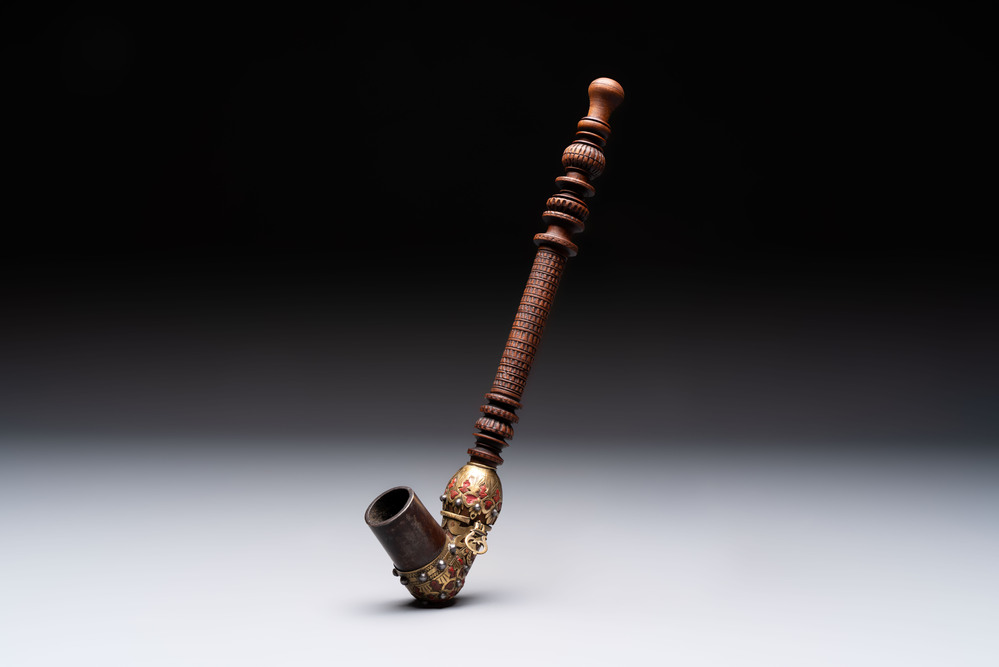 A Persian wooden pipe with bronze and steel mounts, Iran, 19th C.