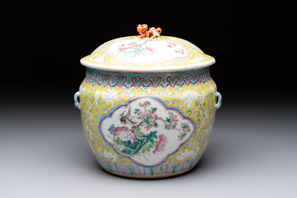 A Chinese famille rose yellow-ground 'kamcheng' bowl and cover for the Straits or Peranakan market, Guangxu mark and of the period