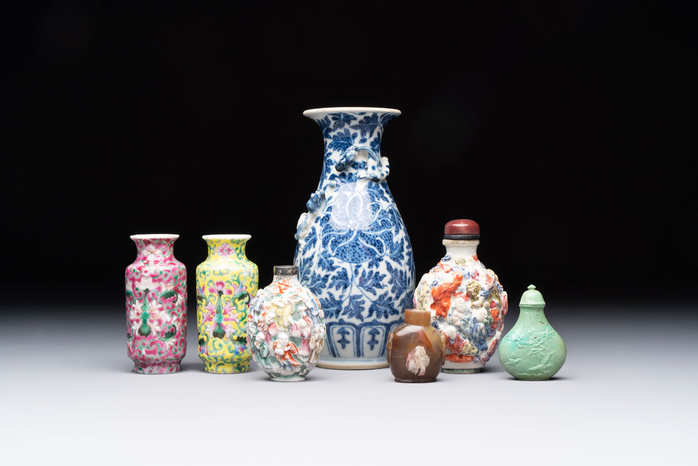 Four Chinese snuff bottles and three vases, 19th C.