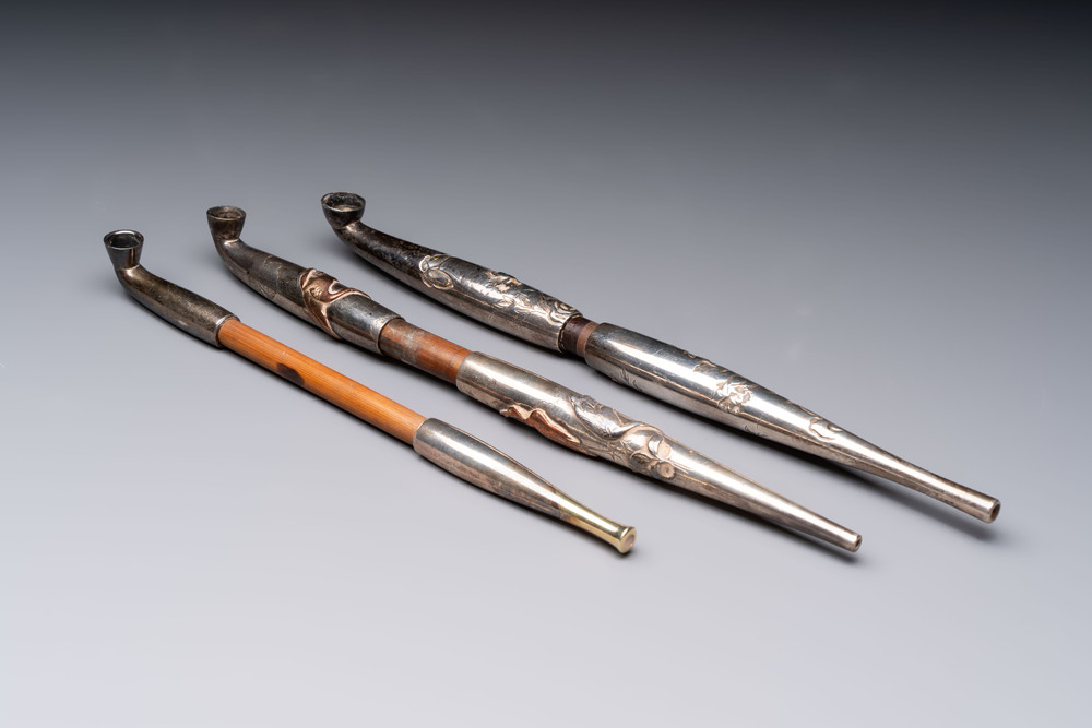 Three Japanese parcel-gilt silver and wooden 'Kiseru' or tobacco pipes, 19/20th C.