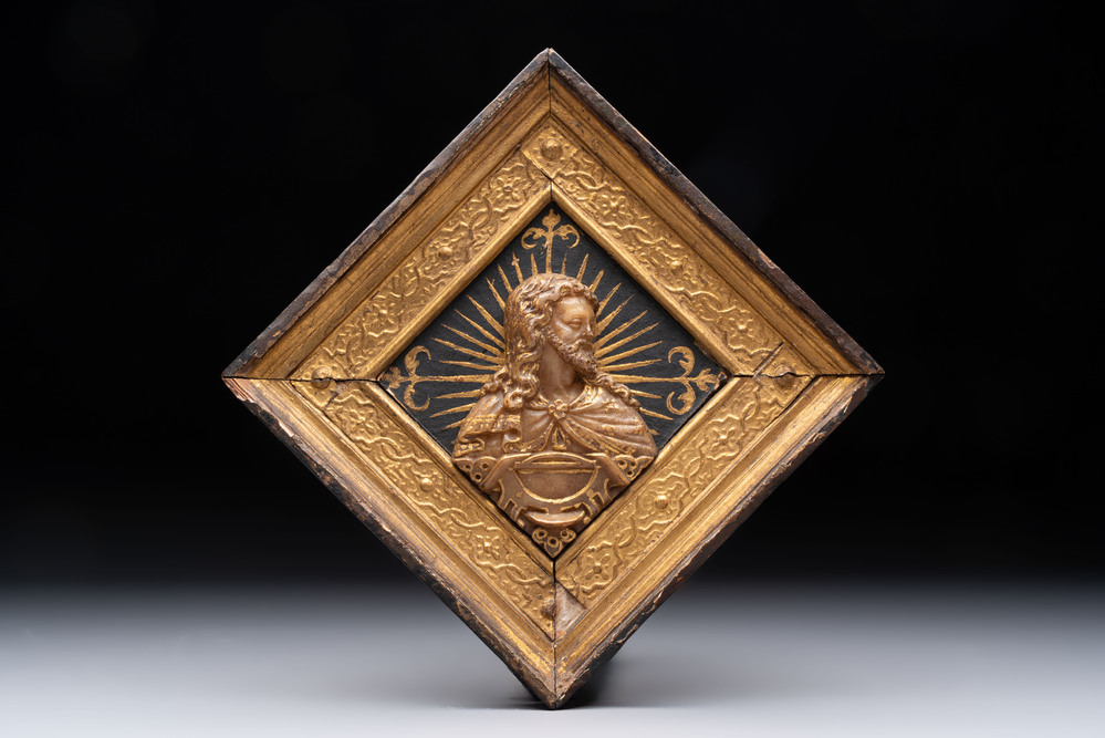 A rare rhombus-shaped Malines alabaster carving with the bust of Christ, attributed to Tobias Tissenaken, late 16th C.