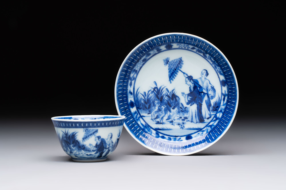 A rare Chinese blue and white 'Dames au Parasol' cup and saucer after Cornelis Pronk, Qianlong, ca. 1738