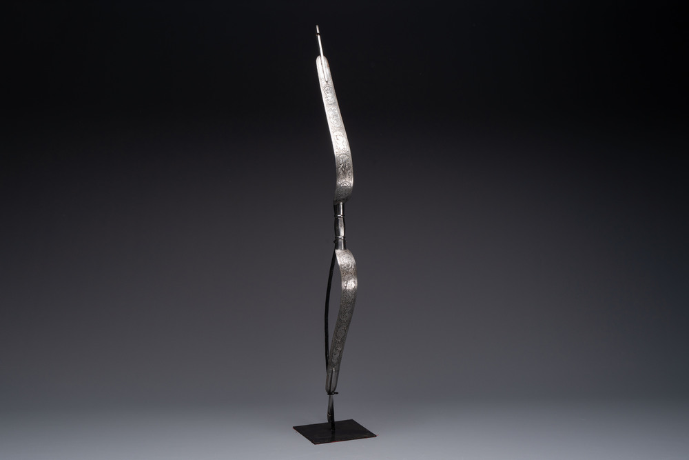 An Indo-Persian steel ceremonial bow or 'arc en acier' with silver koftgari inlay, 18/19th C.