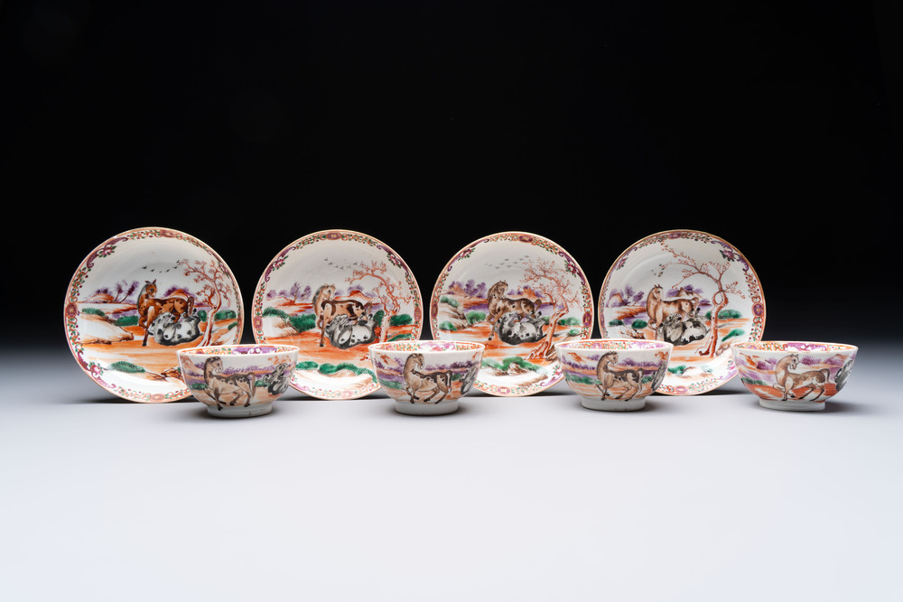 A set of four Chinese famille rose cups and saucers with horses, Qianlong