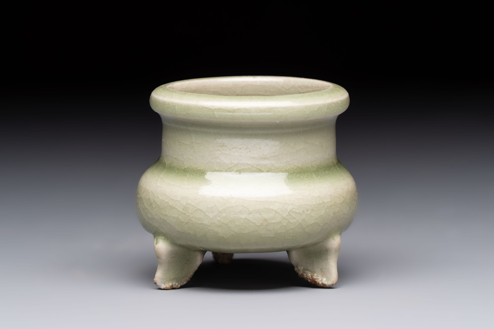 A rare and small Chinese Yaozhou celadon-glazed tripod censer, Jin