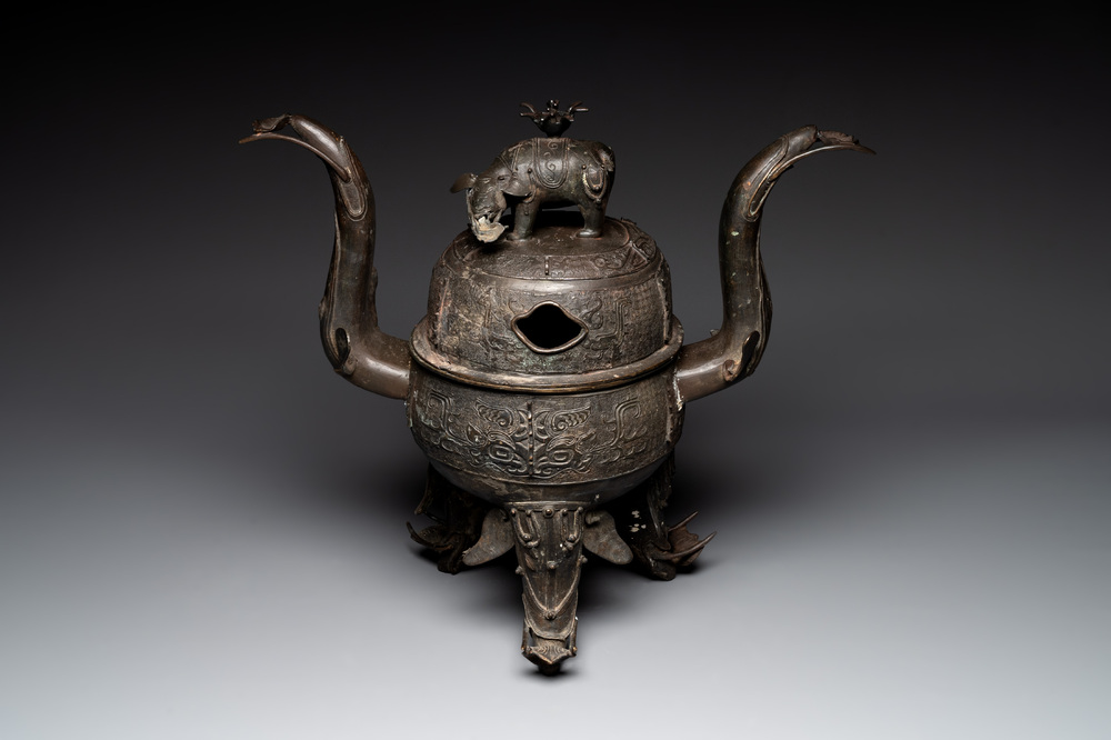 A massive Chinese archaistic bronze 'elephant' censer and cover, Ming