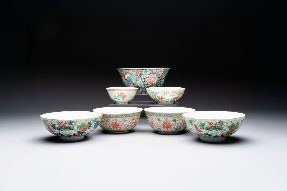 Seven Chinese famille rose bowls with floral design, various marks, 19/20th C.