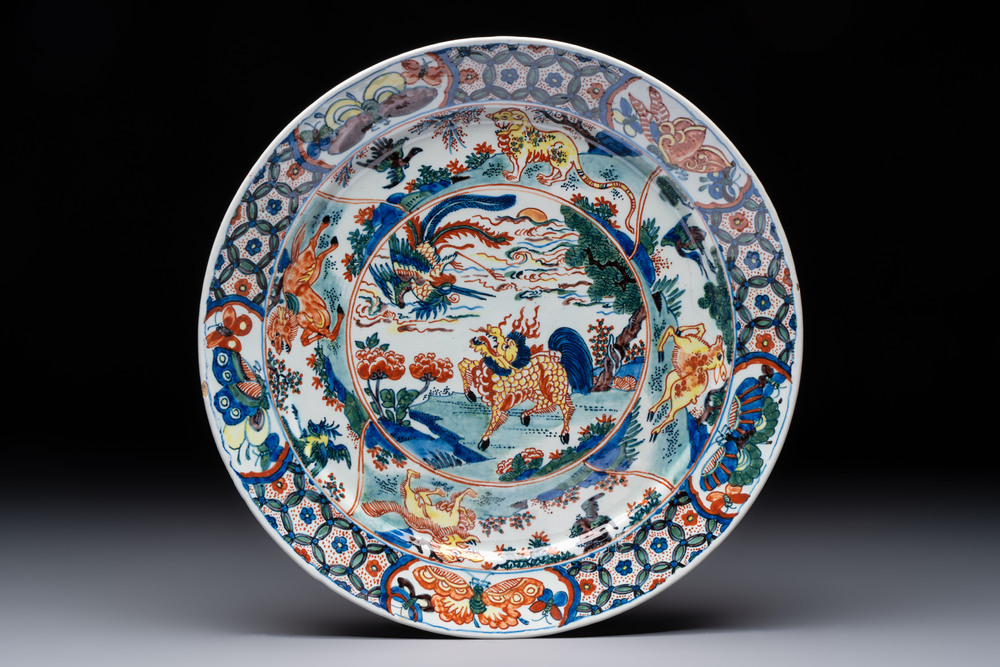A polychrome Dutch Delft famille verte-style 'qilin and phoenix' dish, 18th C.