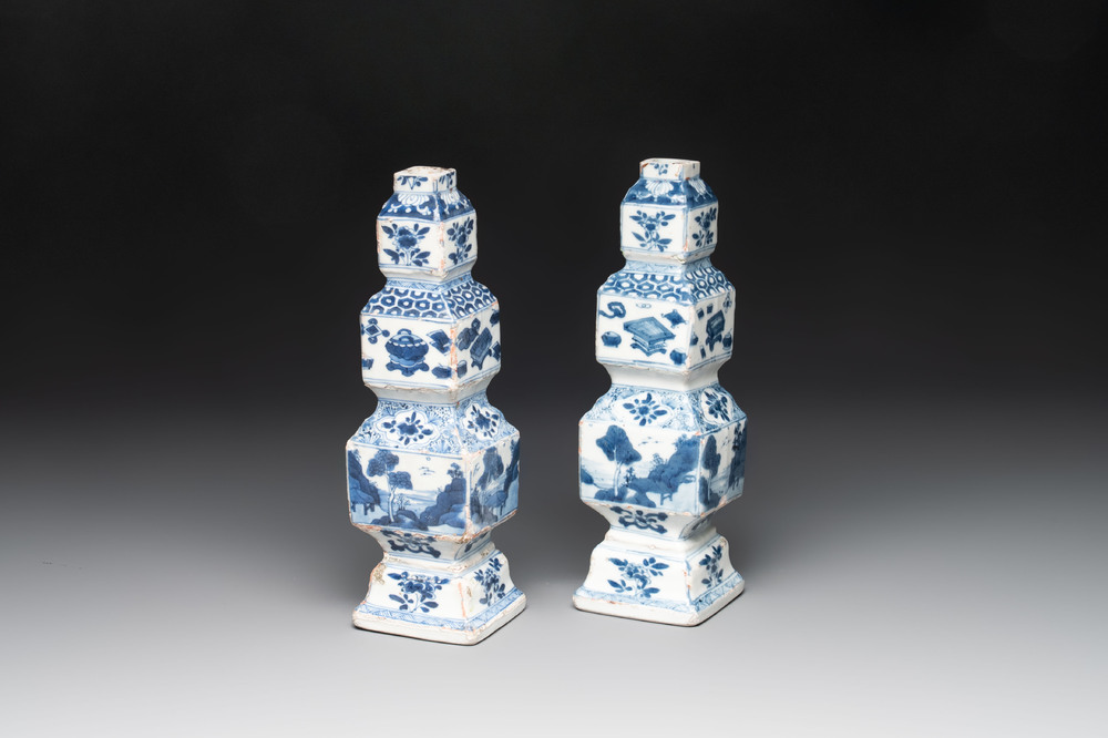 A pair of Chinese blue and white triple-gourd square vases, Kangxi
