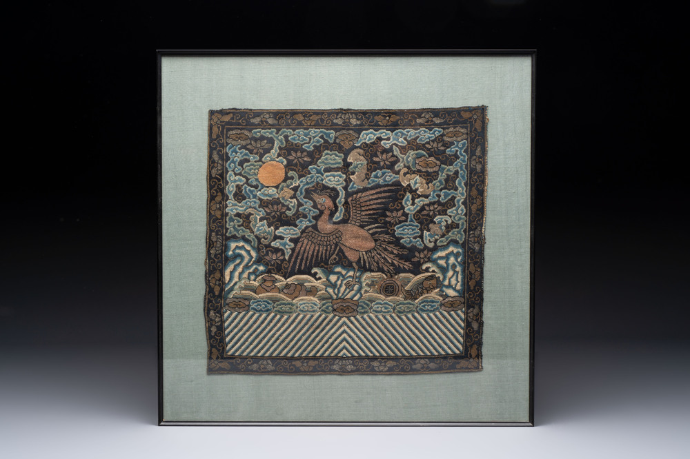A Chinese silk kesi 'silver pheasant' or 'fifth rank' rank badge, Qing