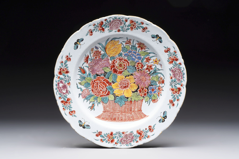 * A polychrome Dutch Delft dor&eacute; 'flower basket' dish, 18th C.