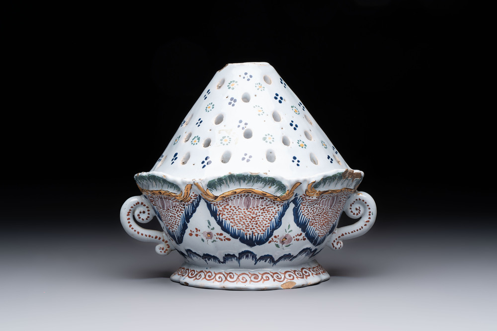 A rare polychrome Brussels faience wall vase, 18th C.