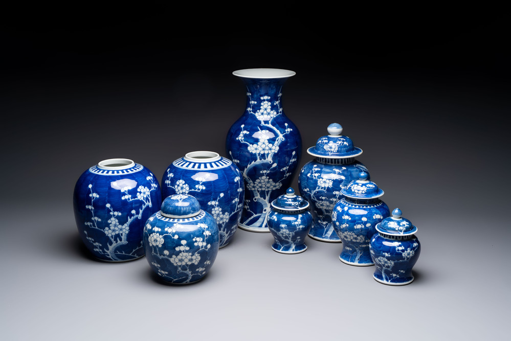 Eight Chinese blue and white 'prunus on cracked ice' wares, 19th C.