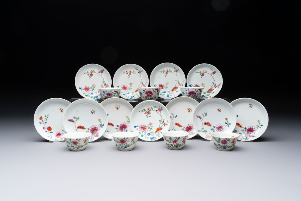 Seven Chinese famille rose cups and eleven saucers with floral design, Qianlong