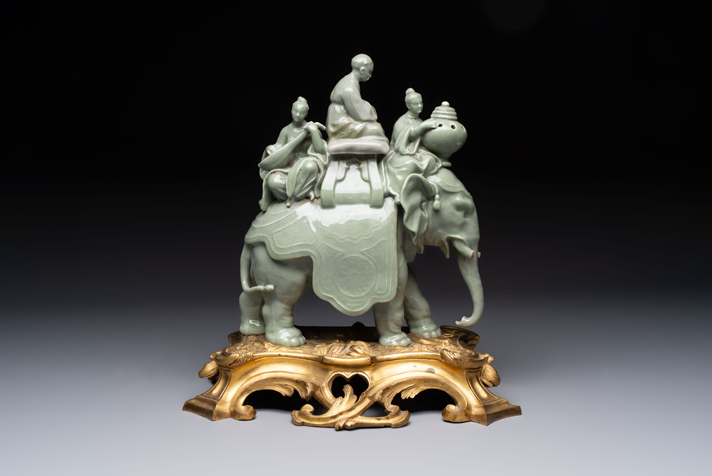 * A gilt-bronze-mounted celadon-glazed group of three figures riding an elephant, probably Samson, Paris, 19th C.