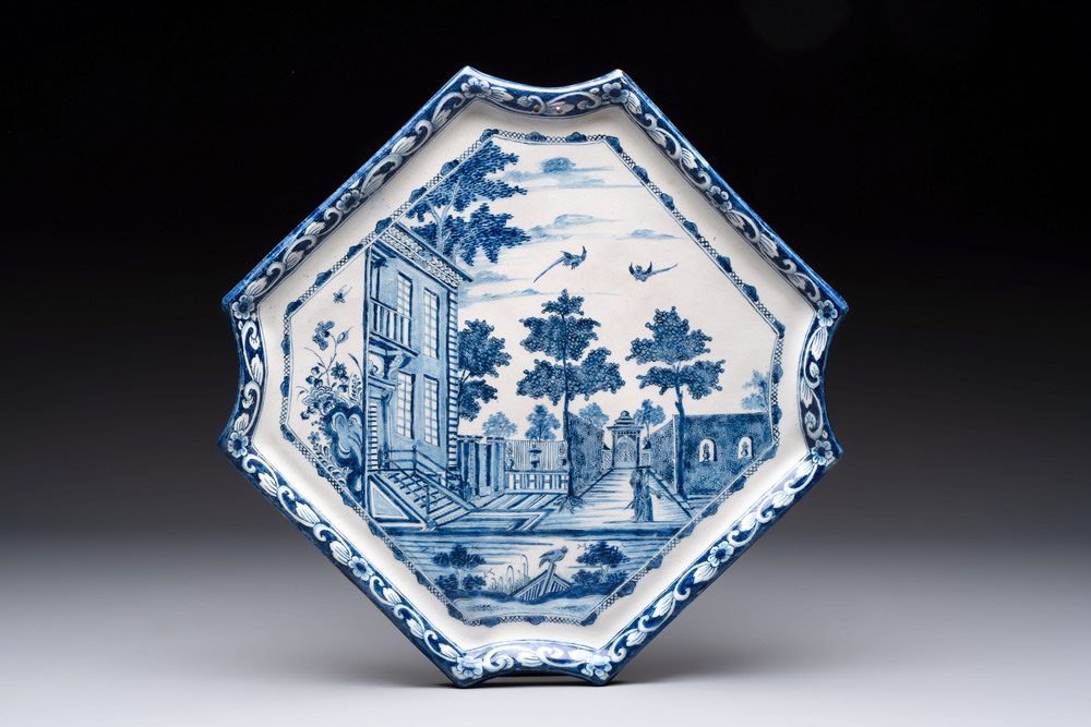 A rare blue and white Dutch Delft 'View of Duinrell' plaque, after an engraving by Petrus Schenk, first half 18th C.