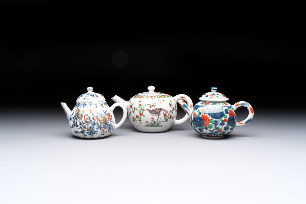 Three Chinese famille verte and Imari-style teapots, Kangxi